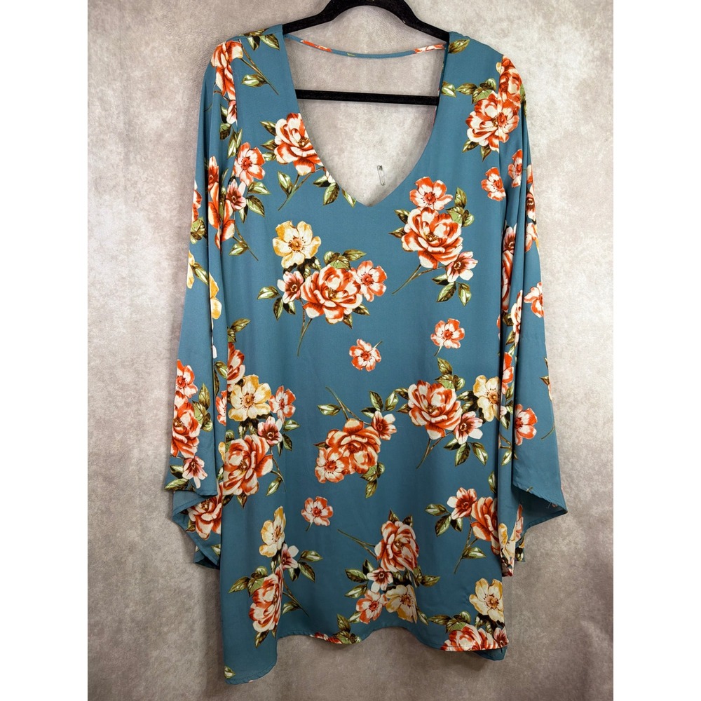 Show Me Your Mumu Mini Dress Womens Large Teal Floral Bell Sleeve Boho V-Back